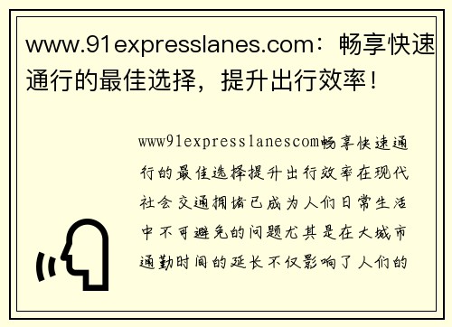 www.91expresslanes.com：畅享快速通行的最佳选择，提升出行效率！